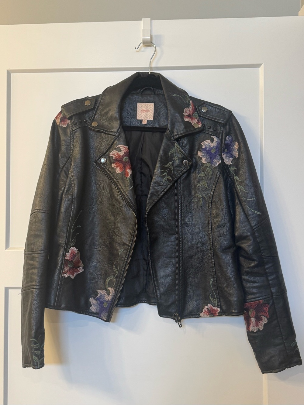 Black Imitation Leather Floral-Embroidered Moto Jacket
